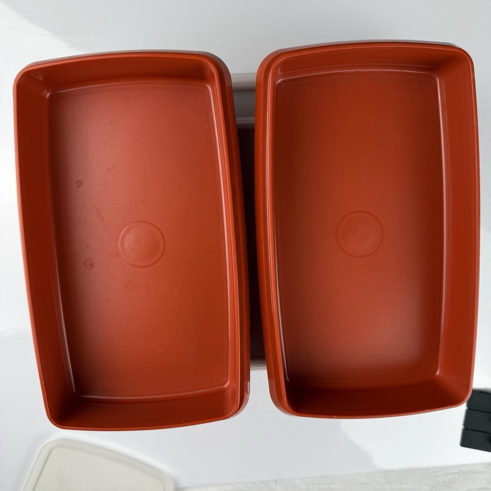 VTG TUPPERWARE Set Of 4 Rectangular Containers W/ Lids Sheer/Paprika - Picture 9 of 16